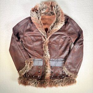 Vintage Scully Womens Jacket Faux Shear Faux Leather & Fur XSmall brown Boho